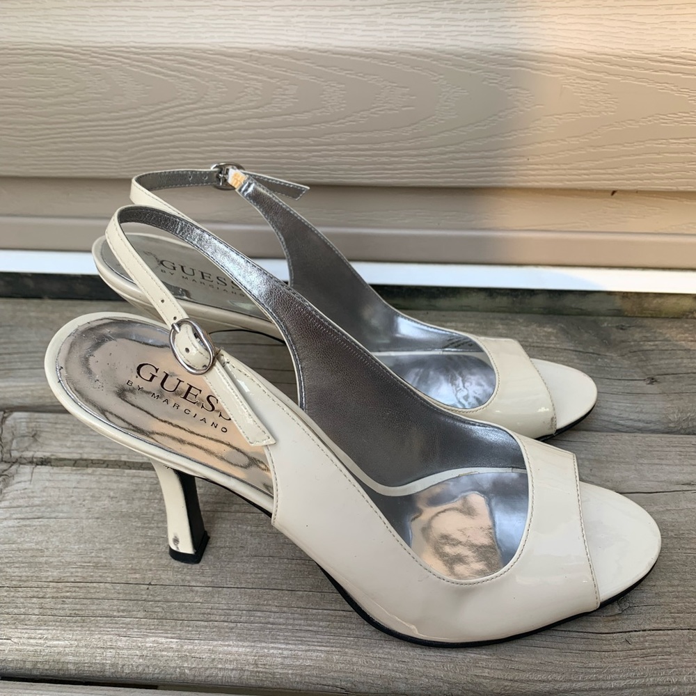 GUESS open toe slingback heels in cream patent leather Size 8